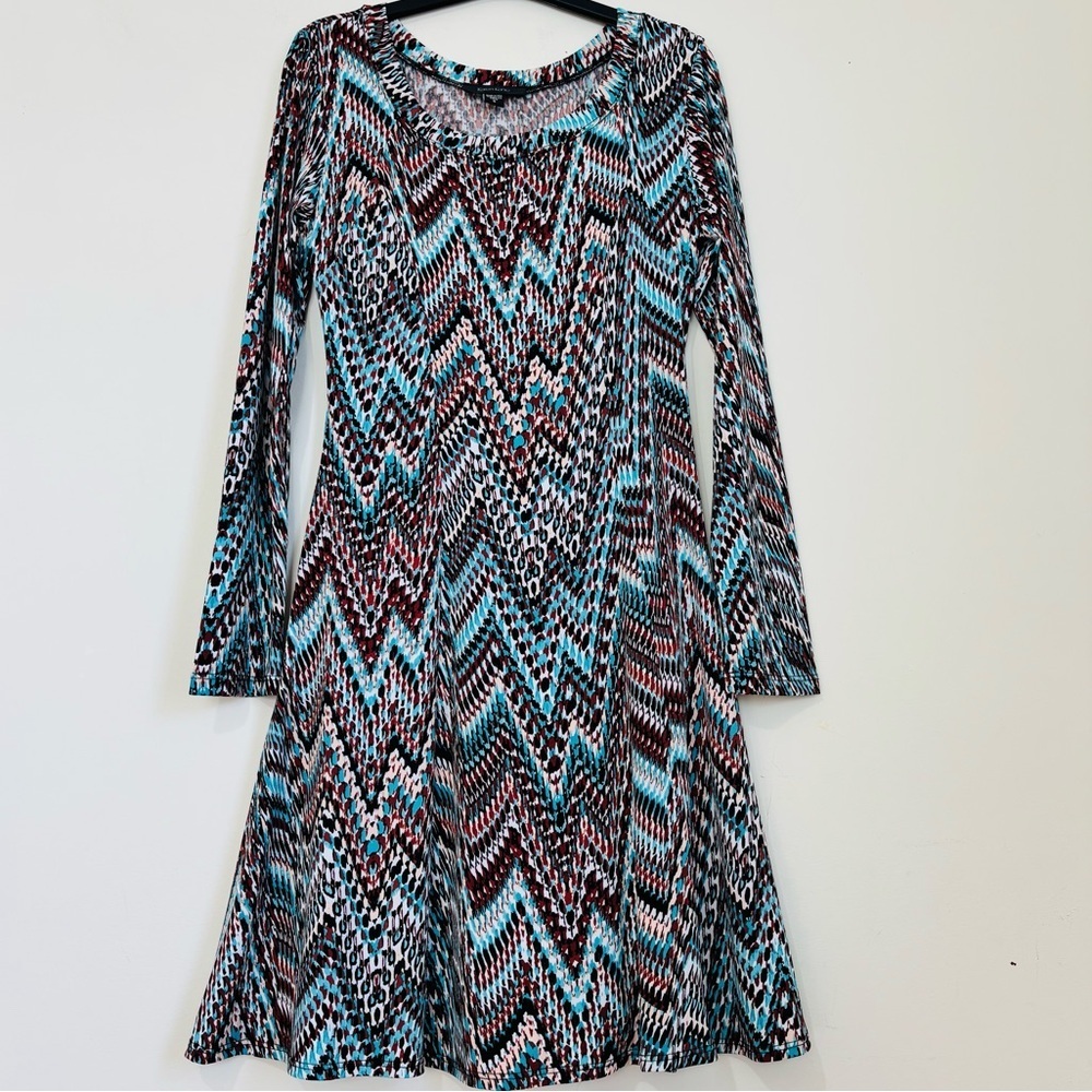 Karen Kane USA Jersey Chevron Long Sleeve A-Line Stretch Flared Pullover Dress